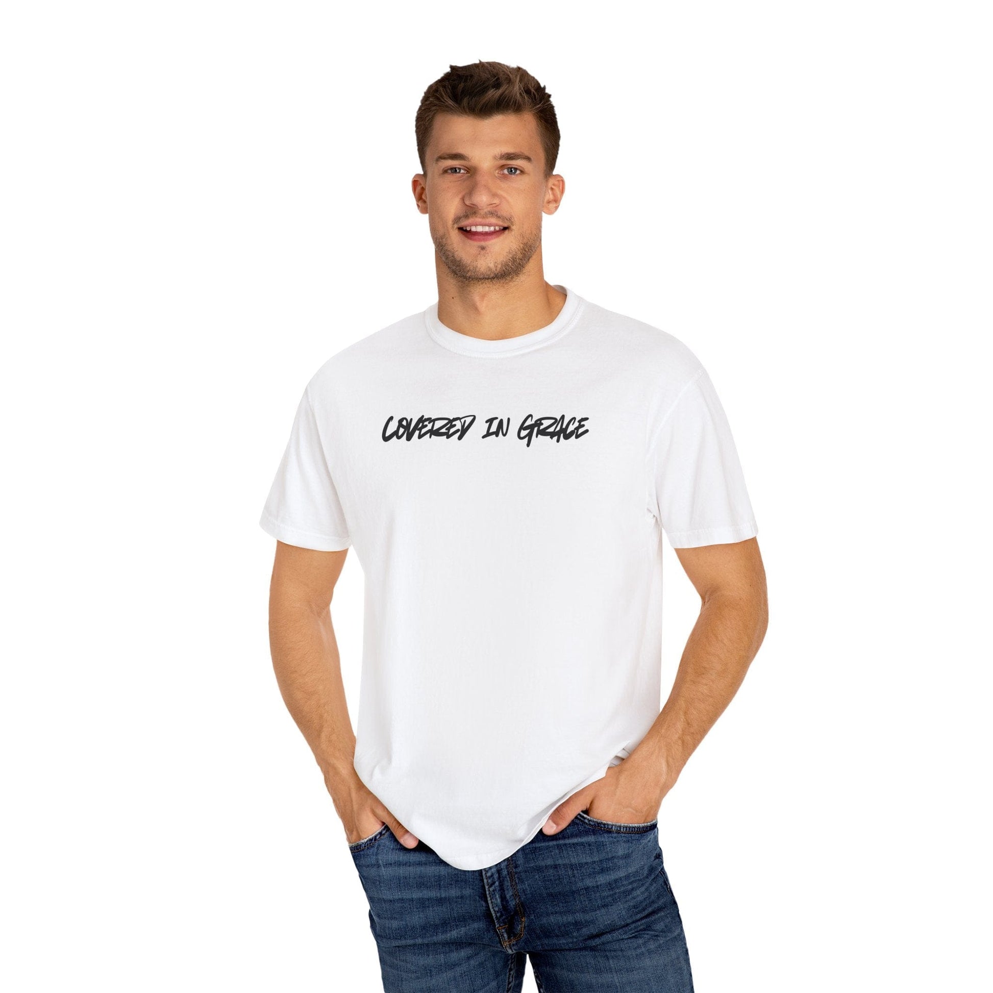 Unisex Garment - Dyed T-Shirt | 'Covered in Grace' Inspirational Tee - R3DEMPTIONT-ShirtPrintifyR3DEMPTION32471506202269986931WhiteSUnisex Garment - Dyed T-Shirt | 'Covered in Grace' Inspirational Tee